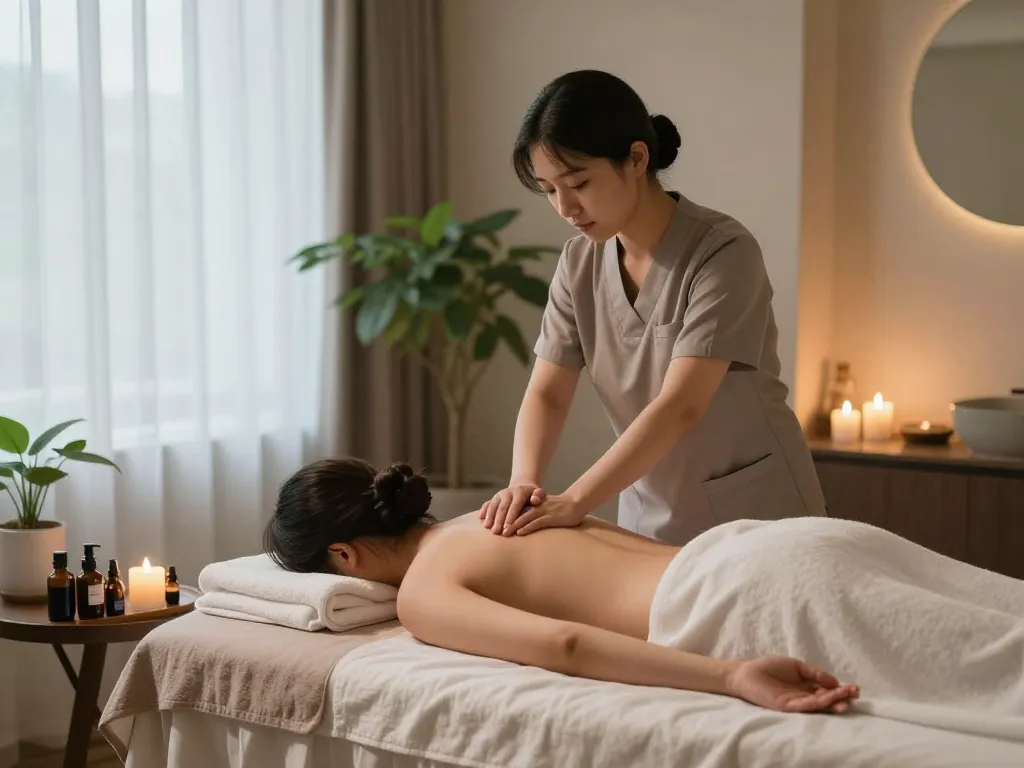 신사동마사지 therapy in a serene spa environment with calming decor and therapist focusing on relaxation.