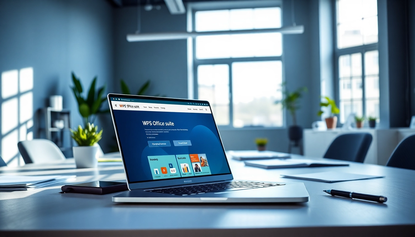 Efficient office workspace showcasing WPS下载 on laptop screen with modern design.