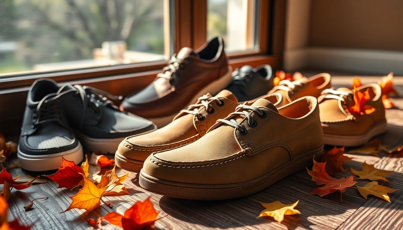Promote zapatillas hombre casual with stylish designs and textures showcased on a wooden surface.