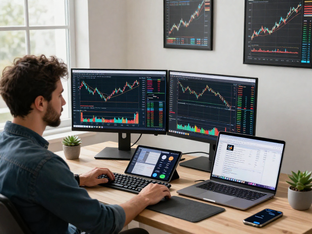 Trader analyzing data on TradingView's platform in a modern workspace with dual monitors and financial indicators.