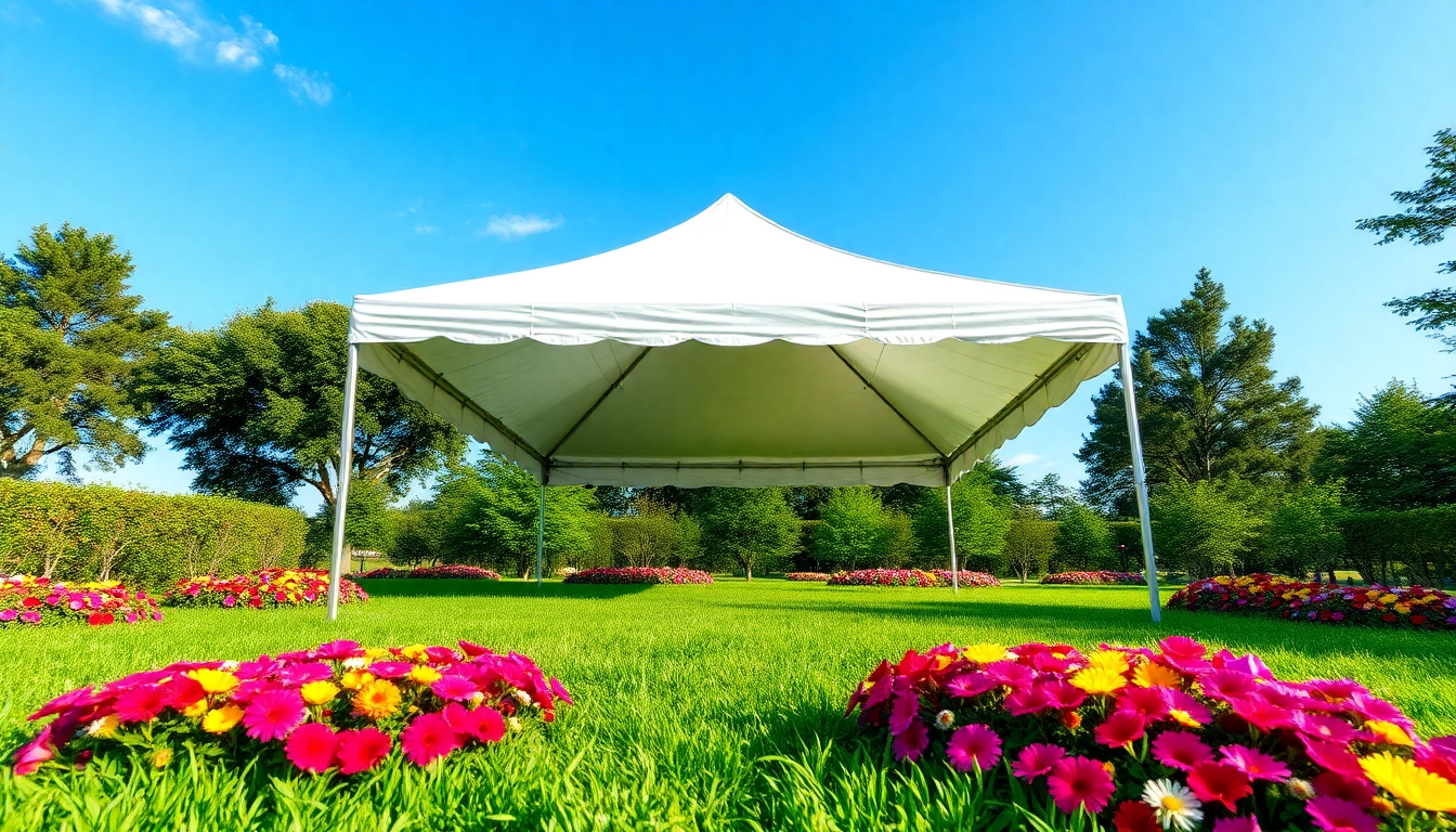 Set up a spacious canopy tent ready for outdoor gatherings in a vibrant garden setting.
