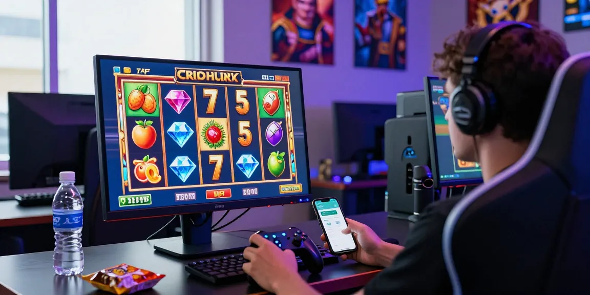 Player enjoying a slot depo 5k game on a sleek gaming monitor with colorful visuals and digital wallet app nearby.
