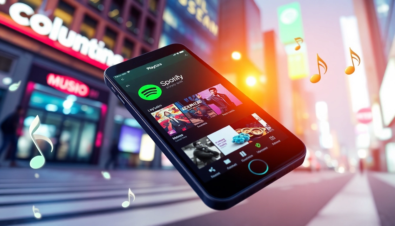 Vibrant smartphone displaying spotify mod app interface with dynamic musical elements.