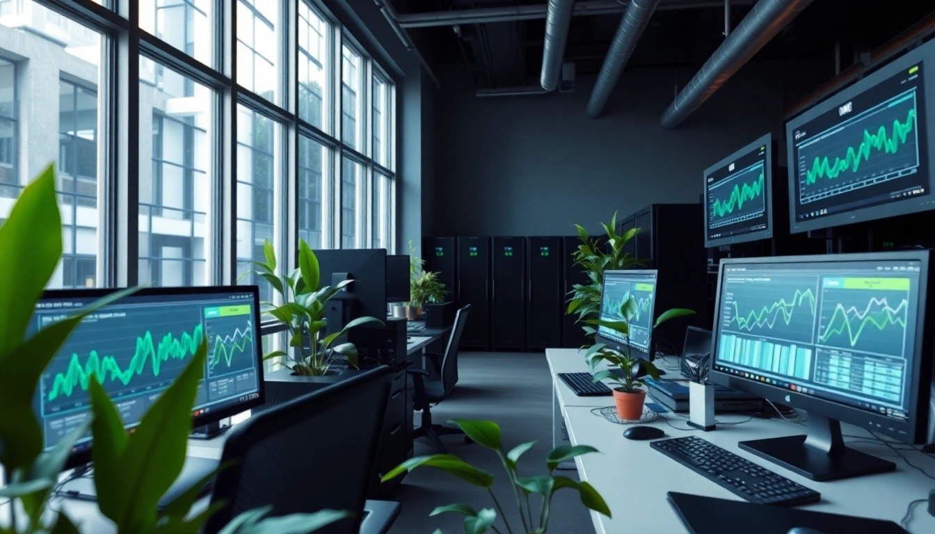 Engaging workspace showcasing bitcoin cloud mining technology with stats on screens.