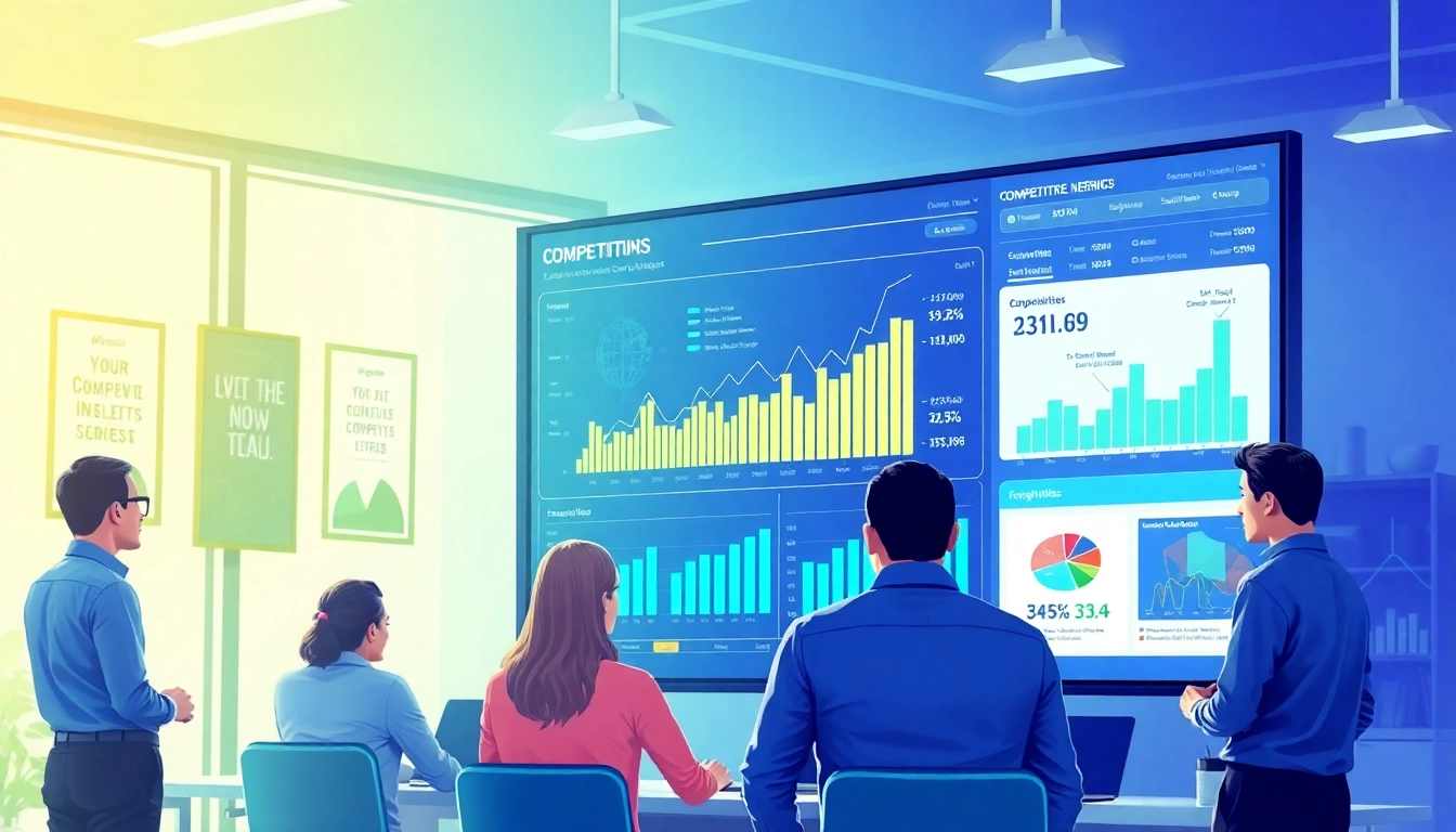 Utilize AI for competitive intelligence with a sleek dashboard and engaged team.