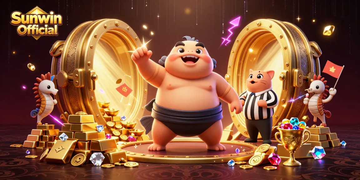 Join the fun at Sunwin Official with a vibrant underwater casino-themed illustration showcasing a fugu and a catfish referee.