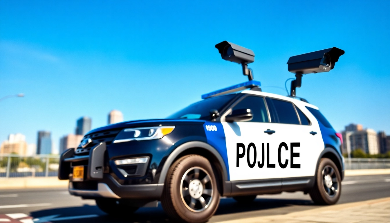 Police vehicle utilizing automatic license plate recognition technology in an urban environment.