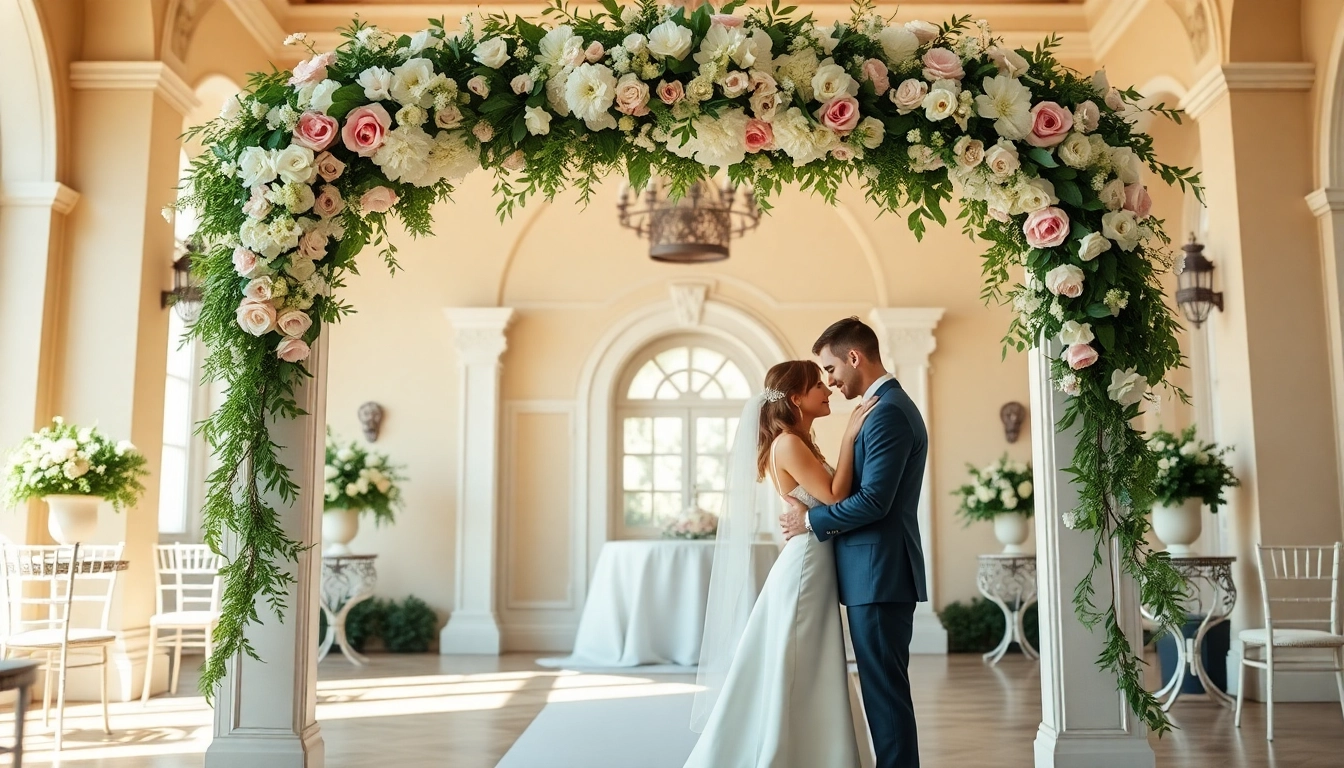 Intimate wedding ceremony at Jacksonville Wedding Venue, showcasing a beautifully decorated archway and a couple.