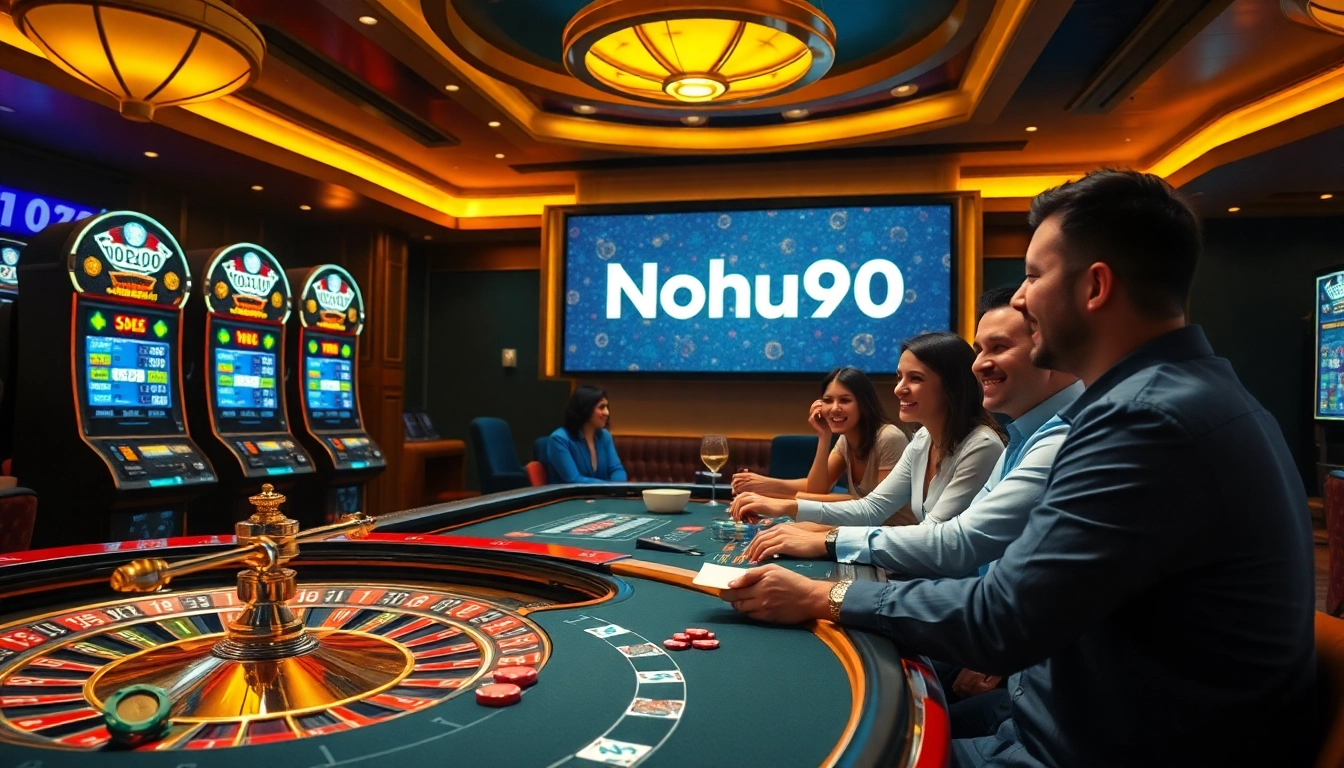 Nohu90 attracts players with a vibrant casino environment showcasing poker, roulette, and slot machines.