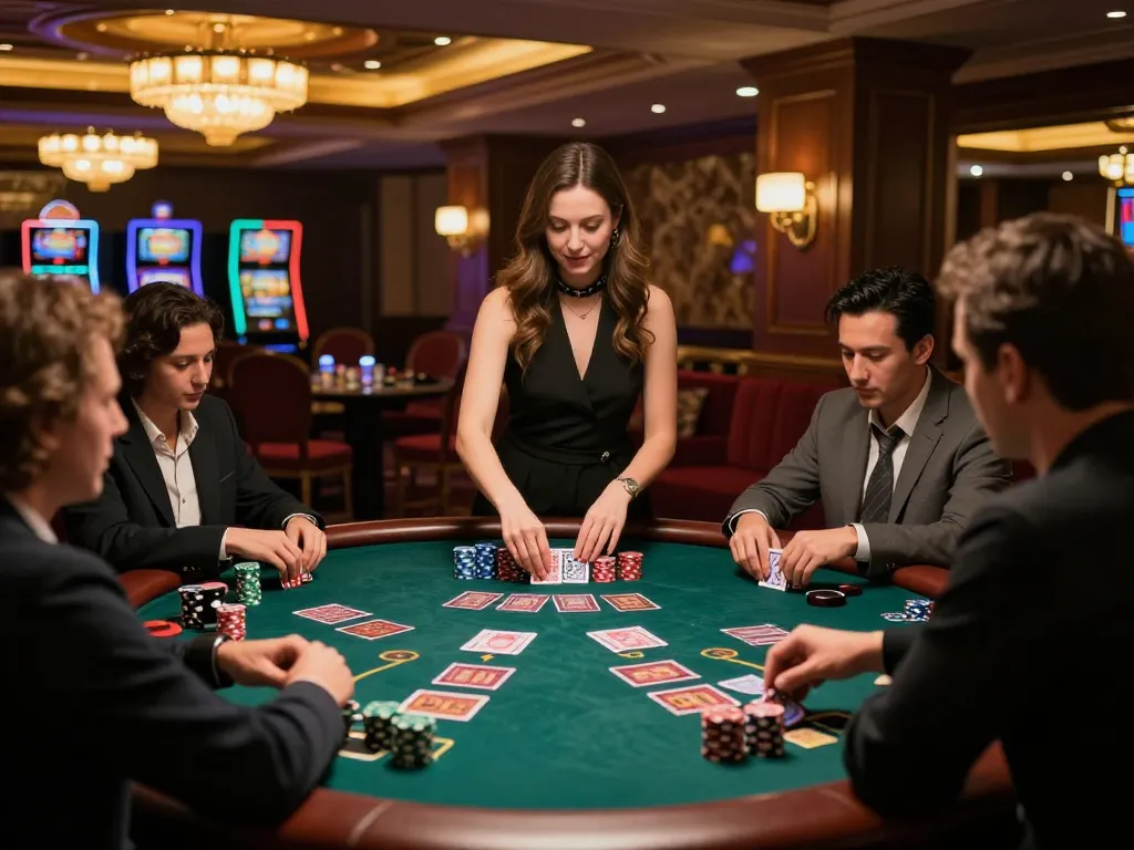 Players engaging at a blackjack table in a luxury casino, showcasing the thrill of winstrike69 gameplay.