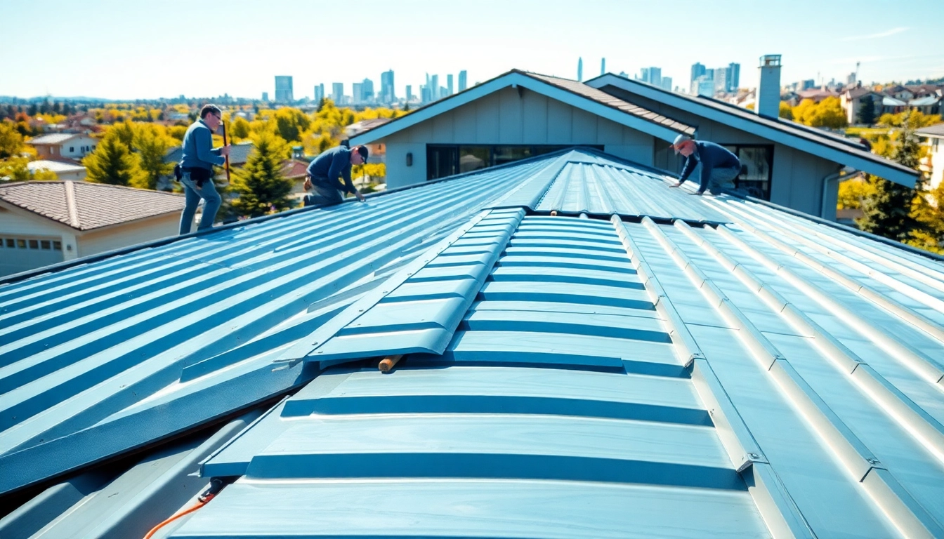 Installers applying durable metal roofing calgary to a contemporary home.