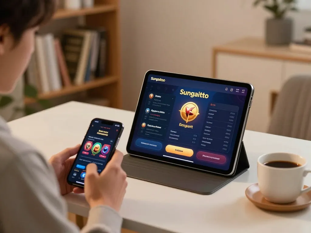 sungaitoto player engaging with an online betting interface on a tablet amidst a cozy home setup