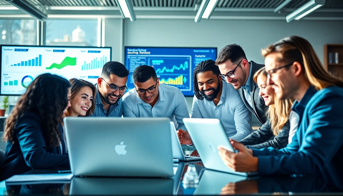 Engaged team from a digital marketing company collaborating on innovative strategies.