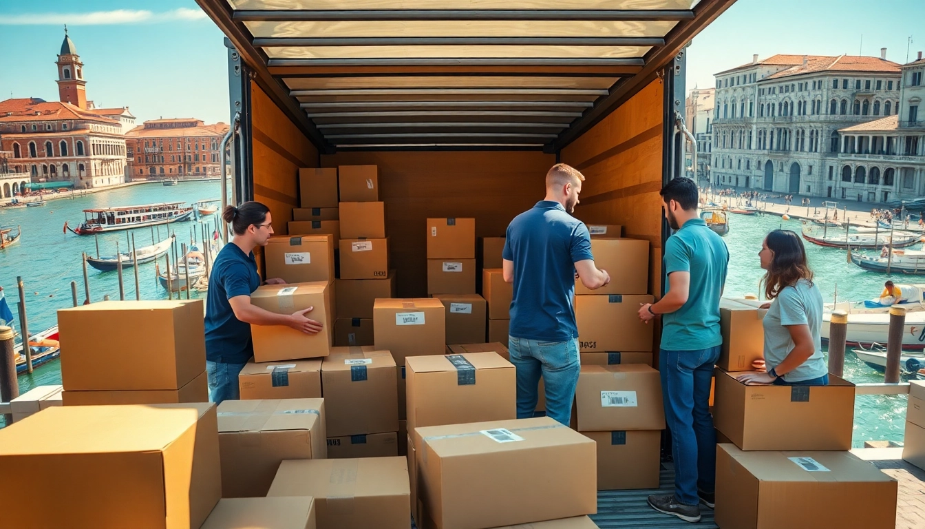 Moving services in vinice demonstrated by a professional team packing a moving truck against Venice's scenic backdrop.
