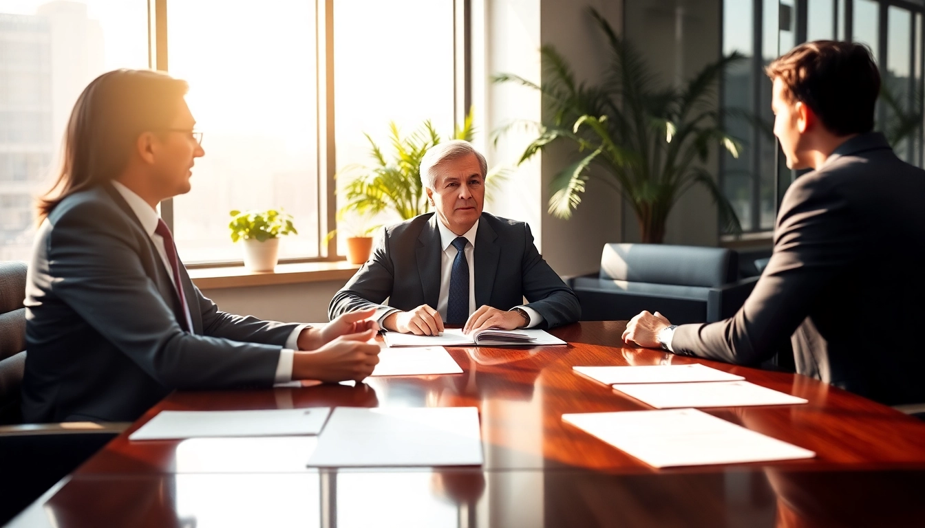 Engaged eminent domain lawyer consulting with clients in a modern office environment.