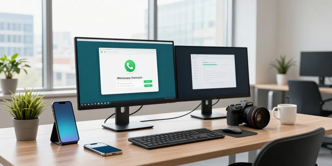 WhatsApp下載 on a dual monitor in a modern office space, showcasing professional productivity.