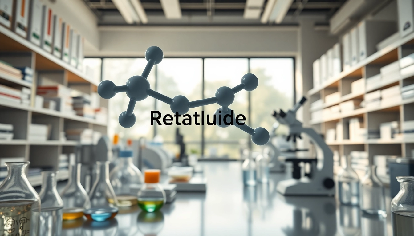 Showcase of Retatrutide molecule structure in a professional laboratory setting.