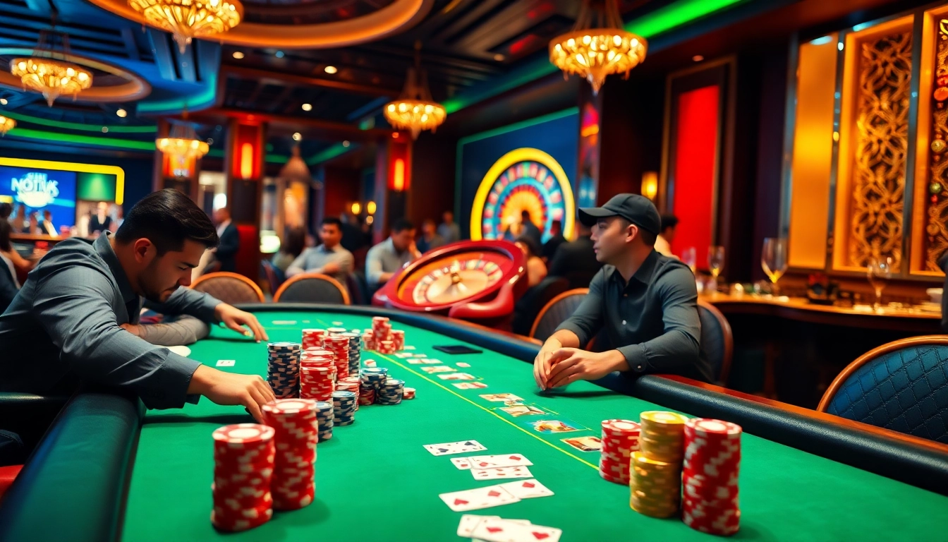 Experience the thrill of gambling at a luxurious NOHU casino scene featuring poker tables and vibrant roulette wheels.