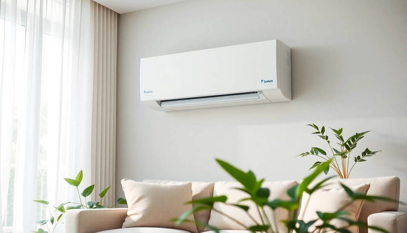 Showcase of Daikin mini split ac unit in a stylish living room, highlighting modern design and energy efficiency.
