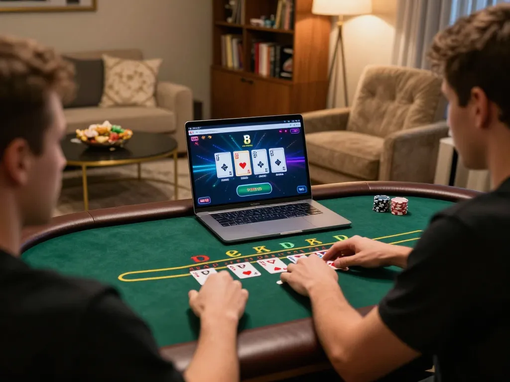 Engaged player at home using laptop for g28 live dealer blackjack, showcasing immersive online gambling experience.