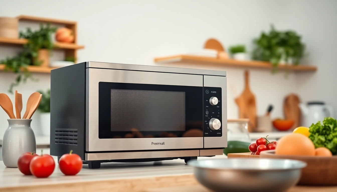 Efficient microwave oven with modern design ideal for quick meals in a stylish kitchen.