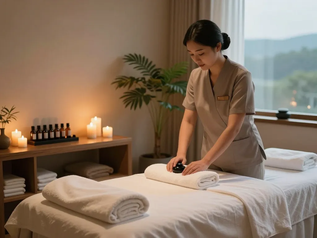 Relaxing massage room setting for 역삼동마사지 showcasing calming decor and soothing atmosphere.