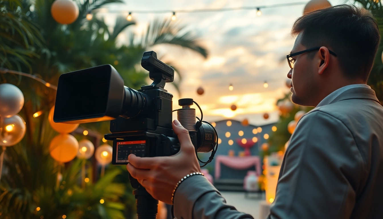 Videographer in action at an outdoor event representing Oronto video production company with artistic design elements.