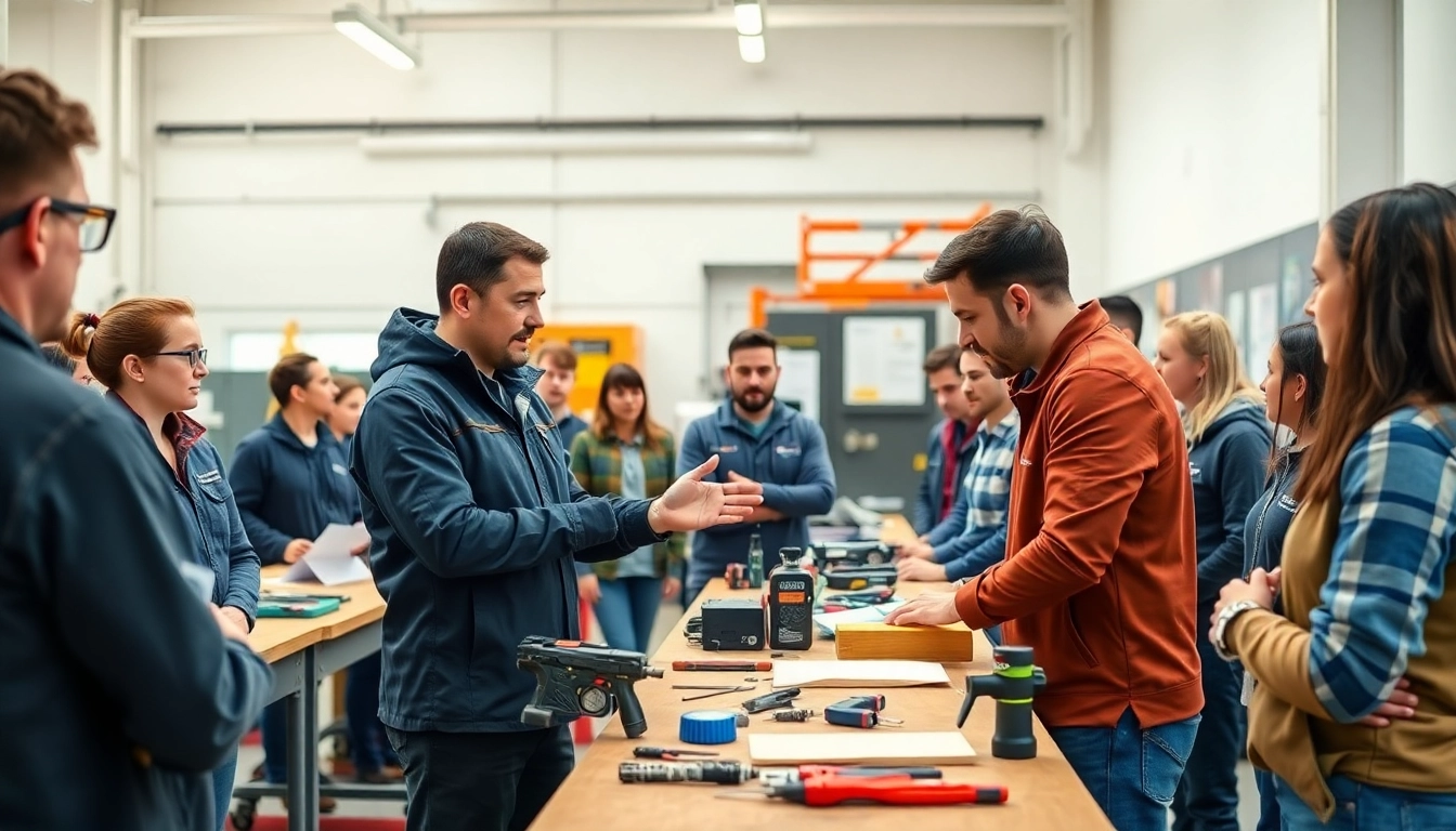 Engaged participants in skilled trades training actively learning in a workshop environment.