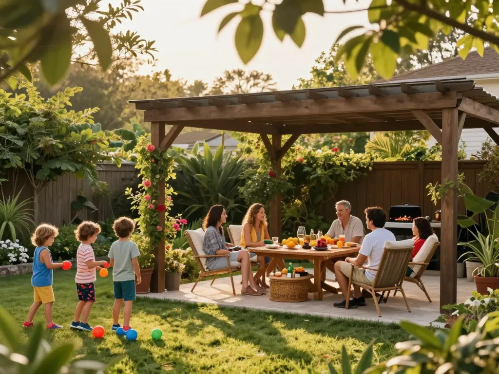 Custom pergola configurator enhancing outdoor family gatherings with sunlit patio and greenery.