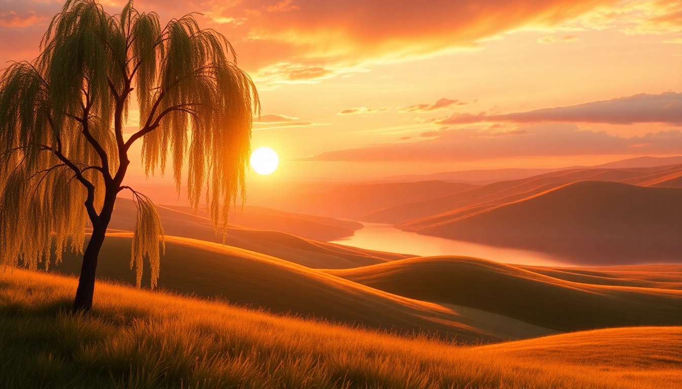 Seedream landscape depicting serene hills and a tranquil lake at sunset.