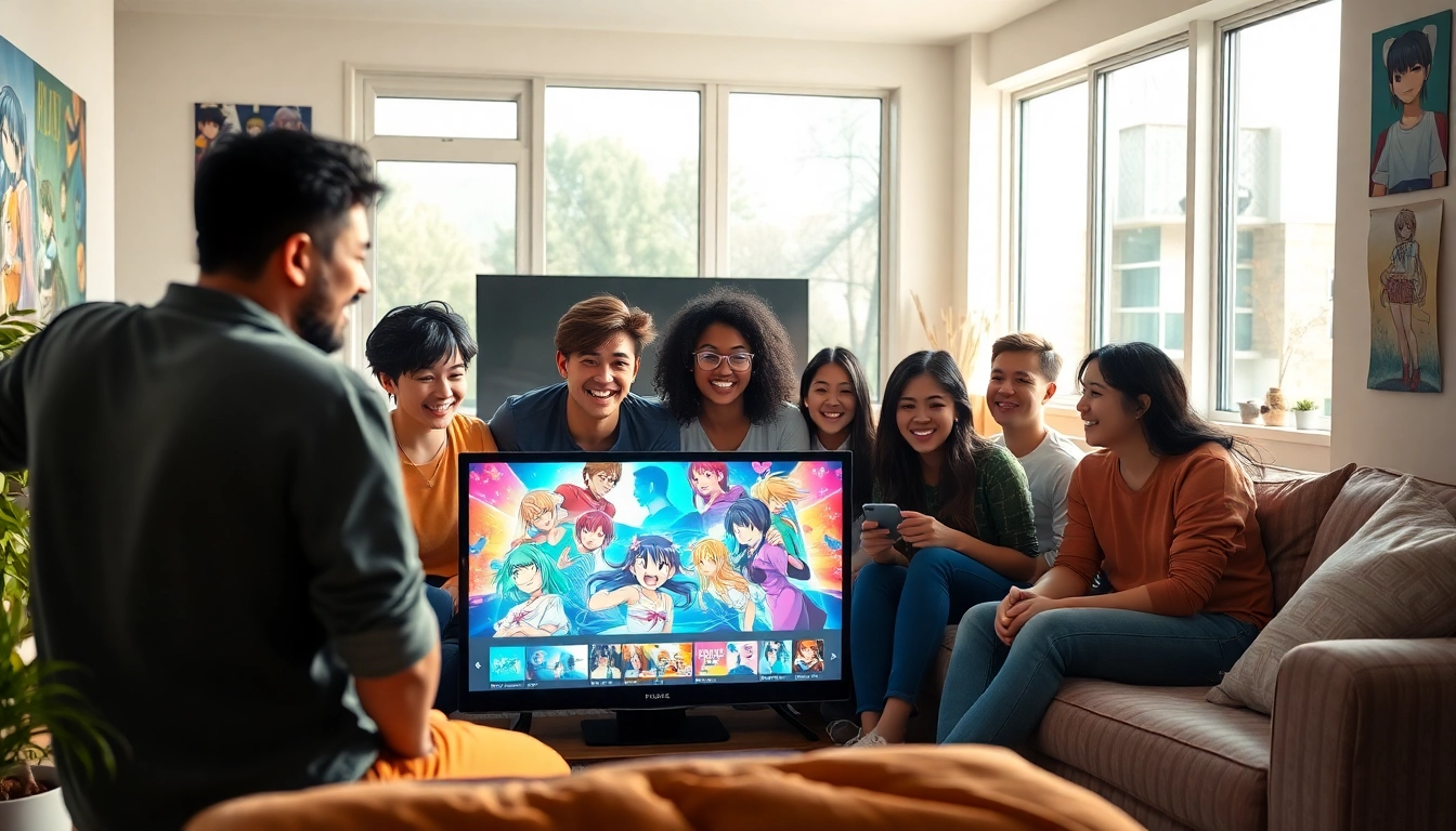 Watch anime series online with friends in a cozy living room setting.