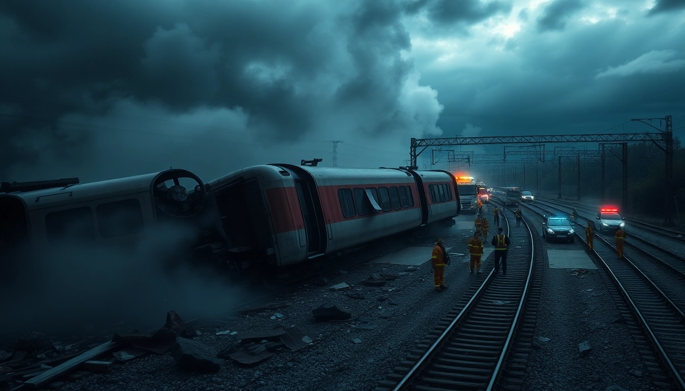 Spain train crash scene with emergency responders tending to a wrecked train.