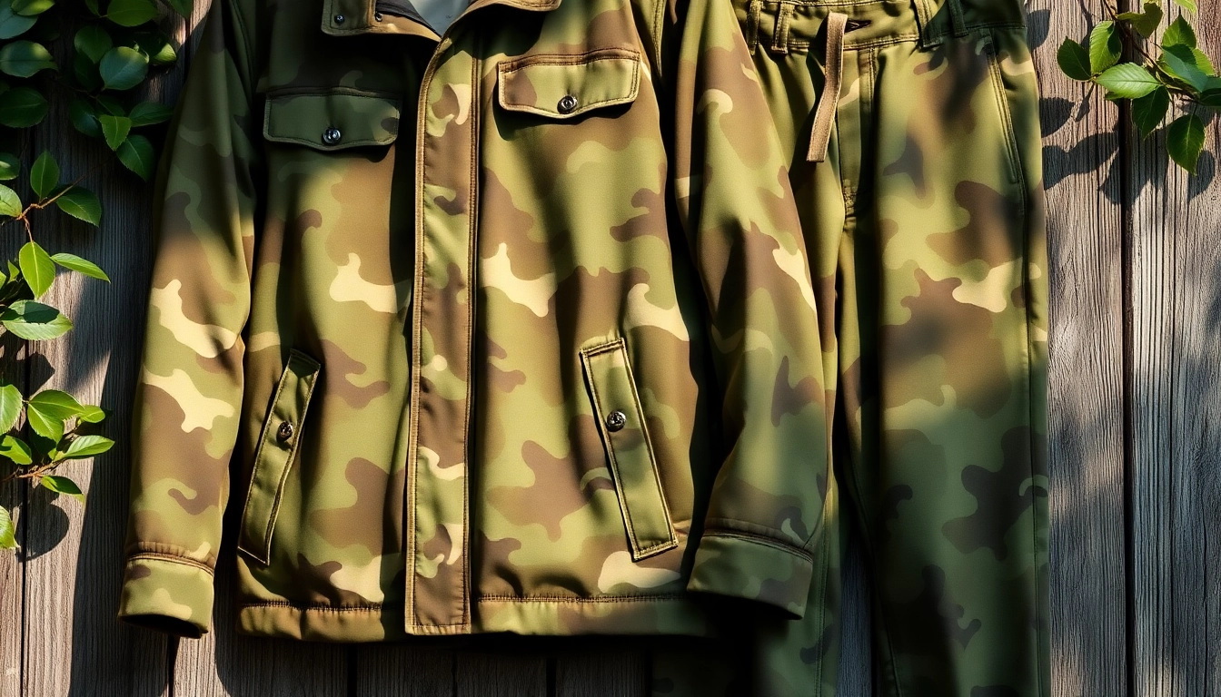 Goedkope camouflage print op een stijlvolle houten achtergrond met natuurlijke verlichting.