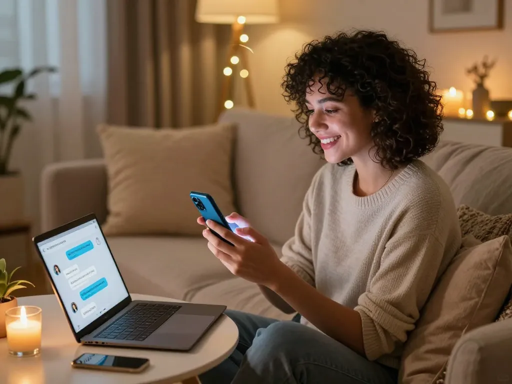 Engaging in a cozy sex chat AI conversation on smartphone, showcasing modern living room decor.