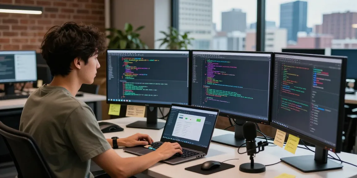 Developer coding on multiple screens in a modern workspace, illustrating 纸飞机下载 technology integration.