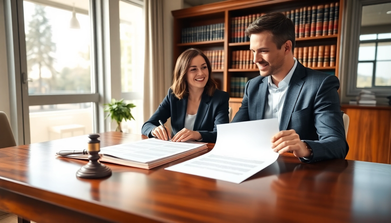 Couple reviewing Family Law Financial Agreements in a modern lawyer's office.