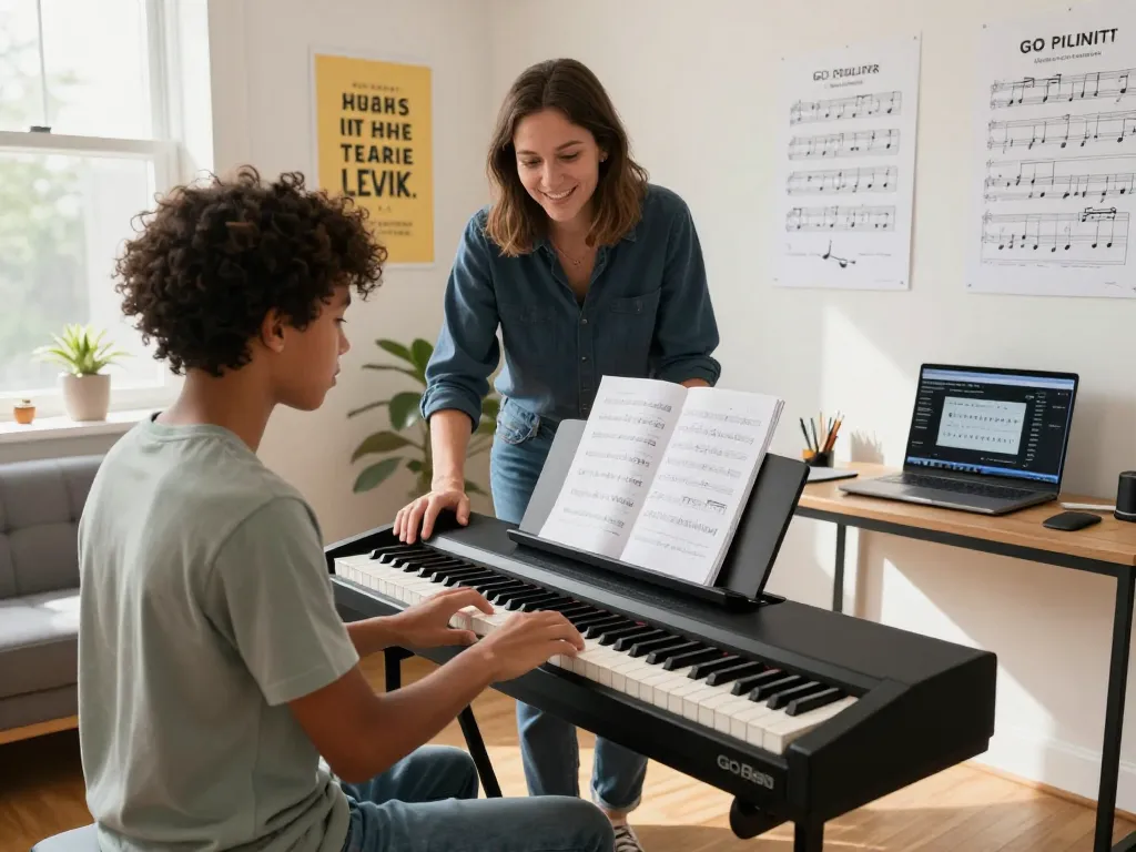 Student learning to play the GO 88 piano with instructor's guidance in a bright music classroom.