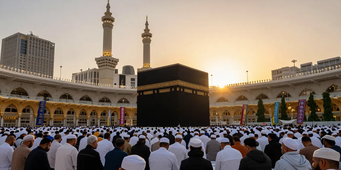 Pilgrims experience the serenity of umroh ramadhan during sunset at the holy Kaaba, inspiring travel and exploration.