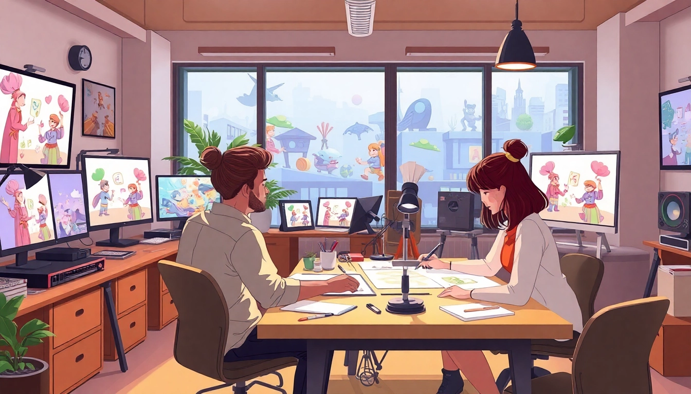 Animation Studio Berlin team working creatively on projects in a vibrant office.