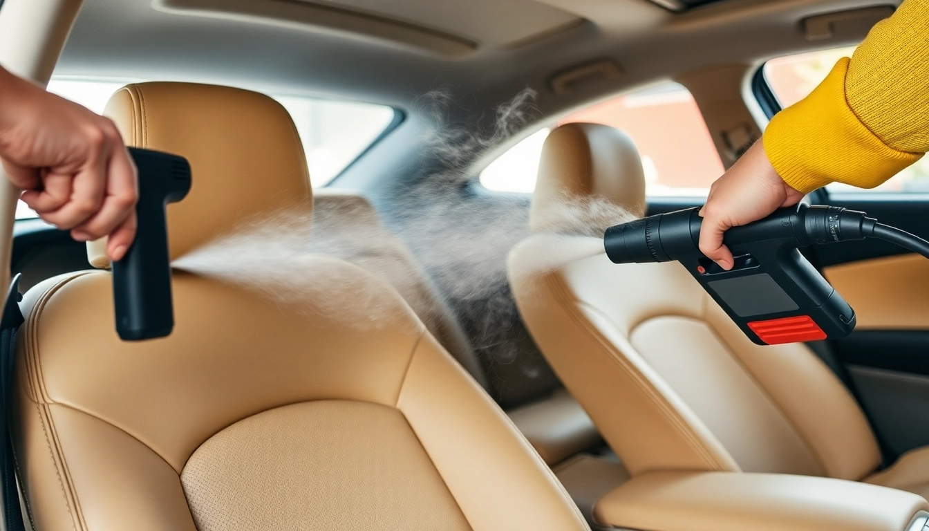 Steam cleaning car interior with a technician removing dirt efficiently.