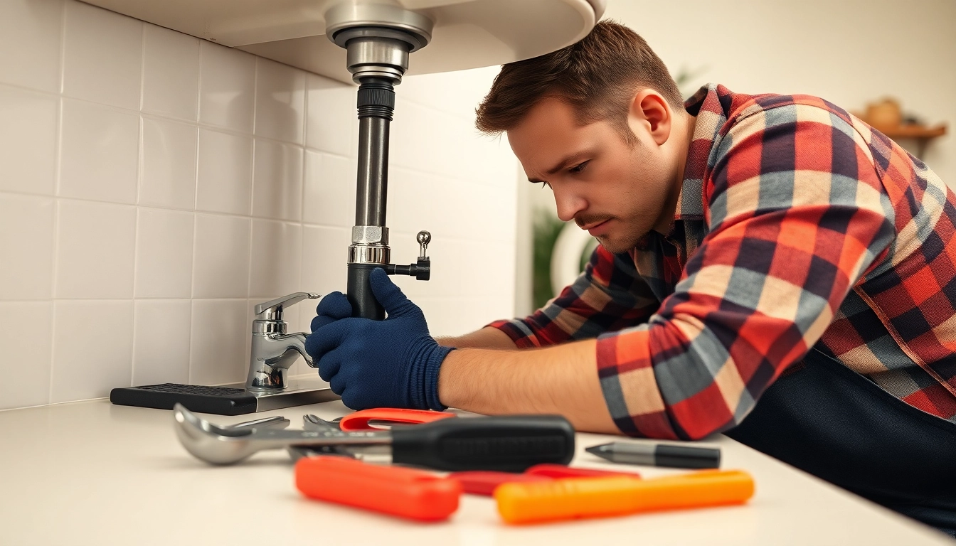 Plumber near me expertly fixing pipes under a sink with organized tools.