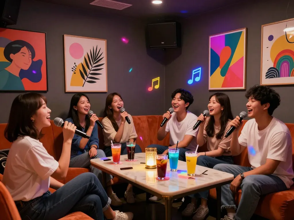 부평쓰리노의 다채로운 개인 룸에서 함께 노래하는 친구들, 활기찬 노래방 분위기를 즐기고 있습니다.