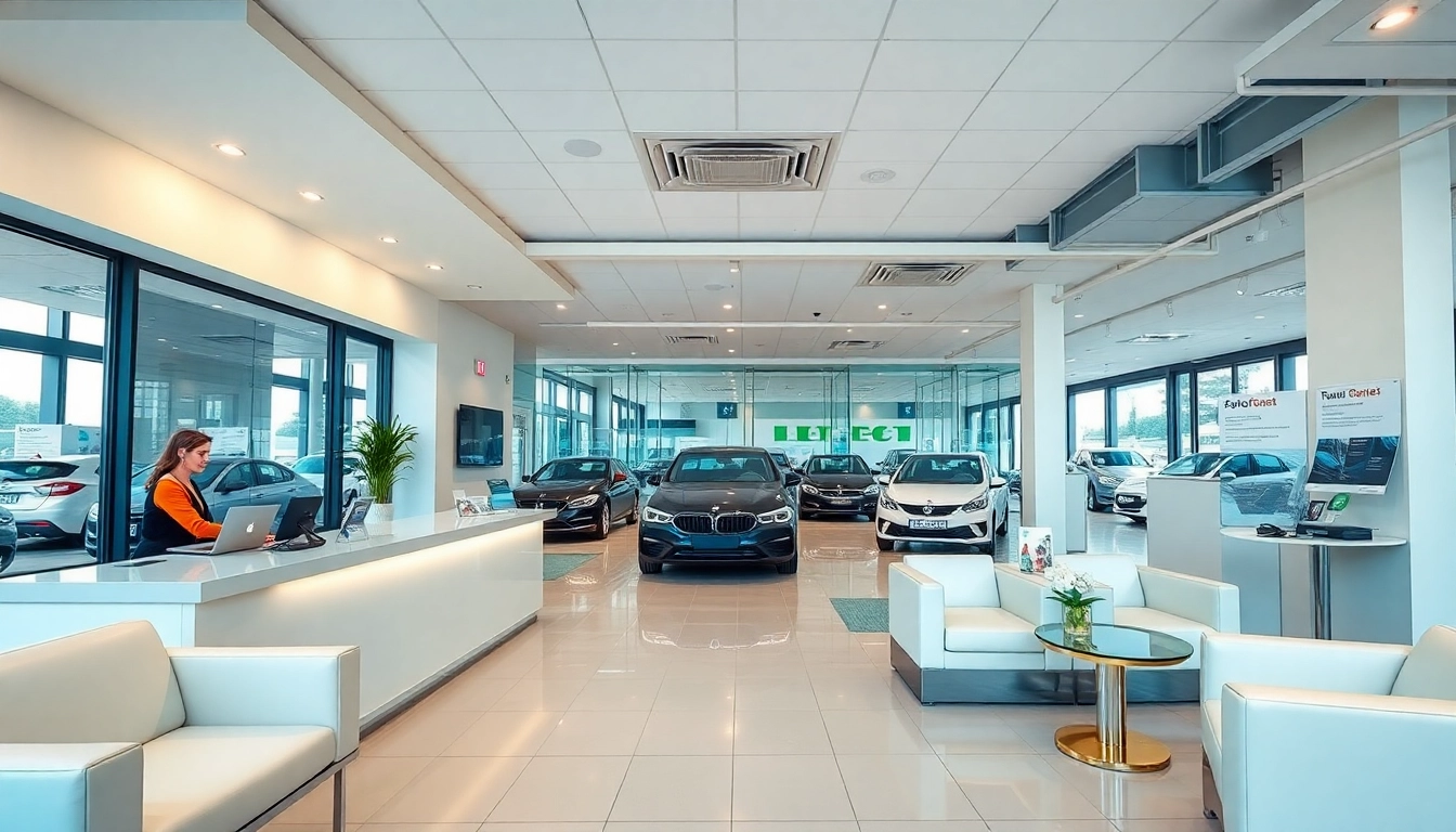 Elegant car rental office showcasing avtoprokat services with friendly staff and luxury car display.
