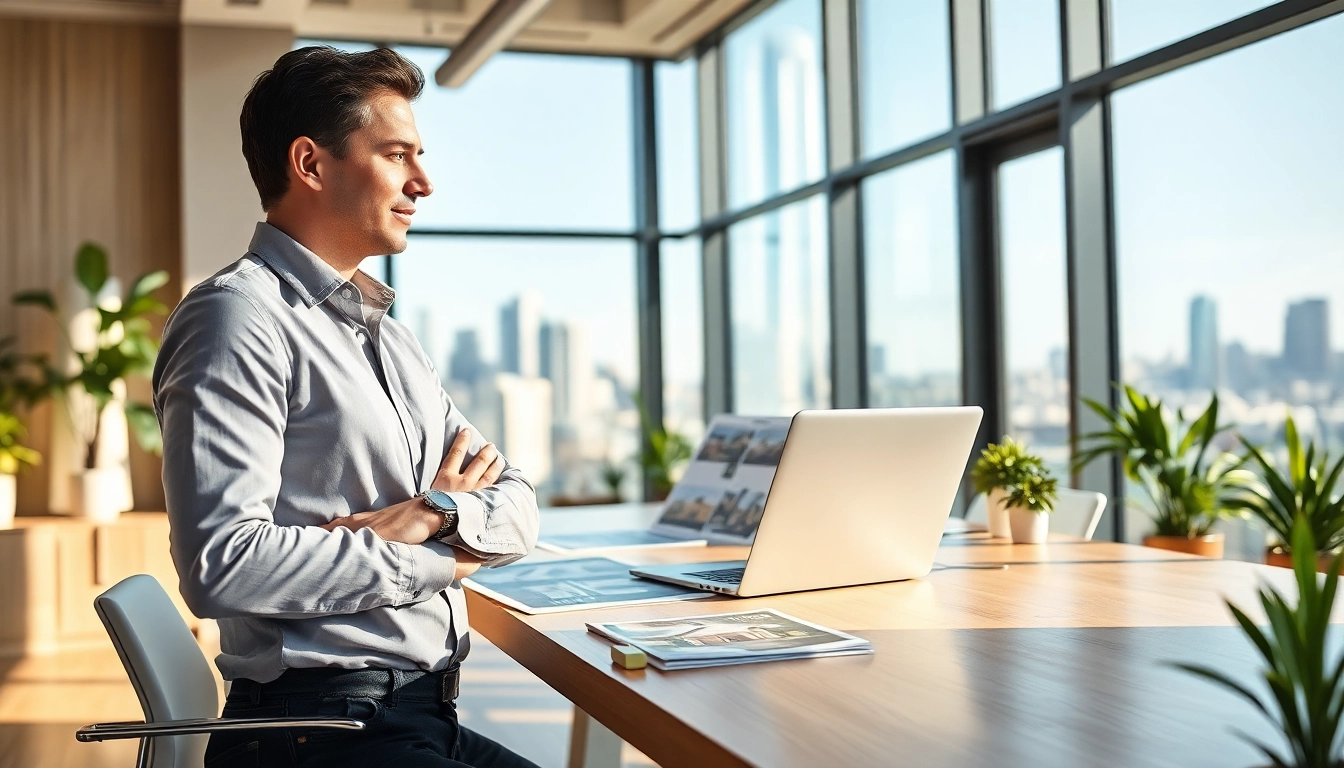 Engage with expert Real Estate advice in a professional office environment showcasing a confident agent.