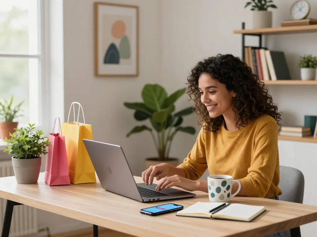 Stylish woman engaging with https://hubet88.icu/ in cozy home office while shopping online.
