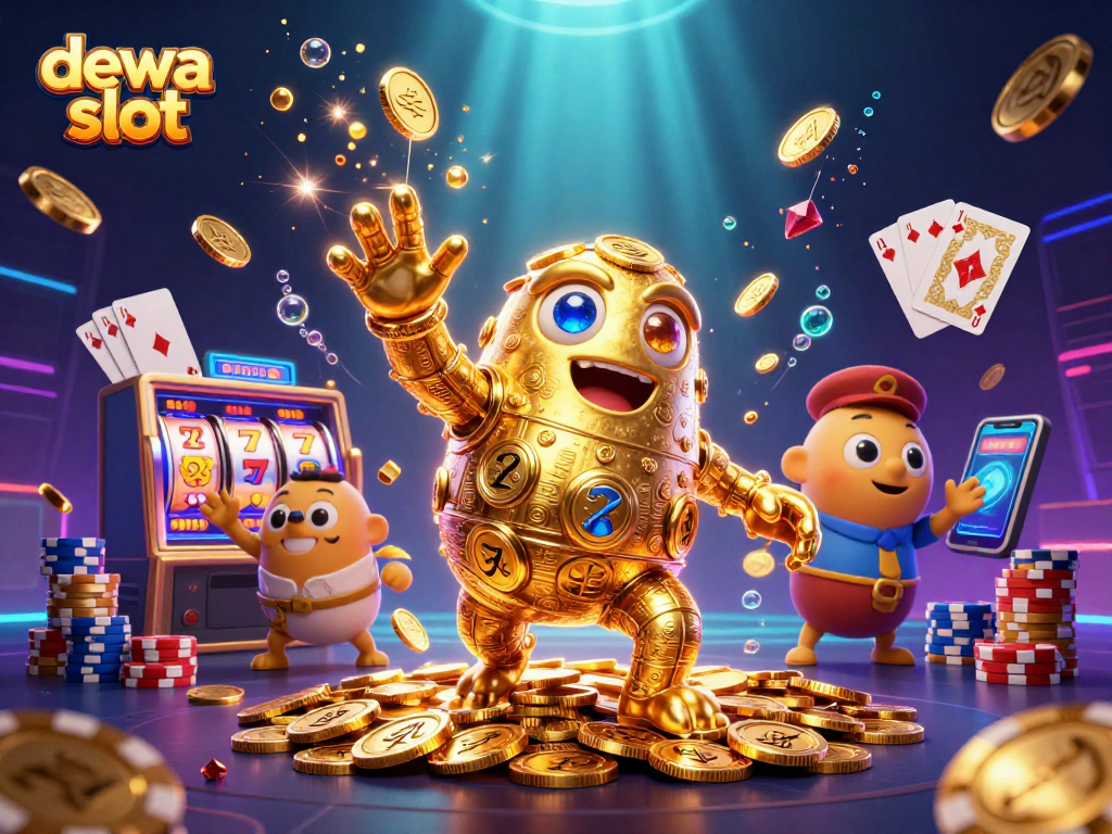 Gambarkan putaran dewa slot dengan simbol slot dan koin emas yang mengelilingi karakter golem.