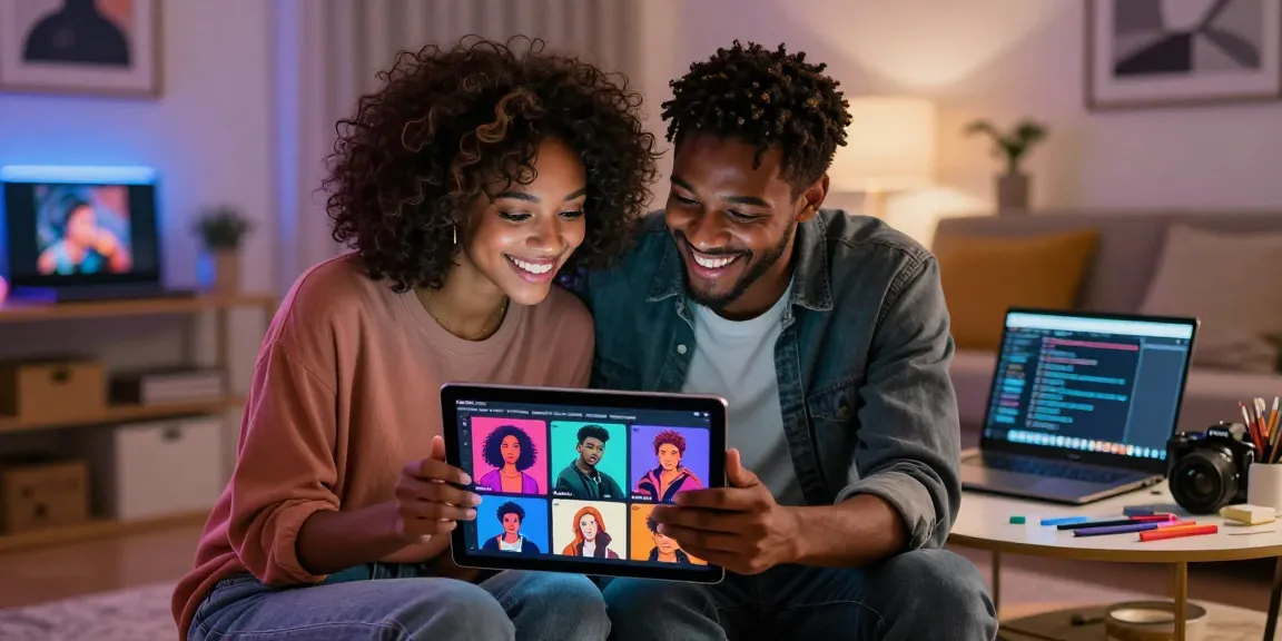 Couple exploring AI porn on a tablet in a cozy digital environment, showcasing innovative adult content.