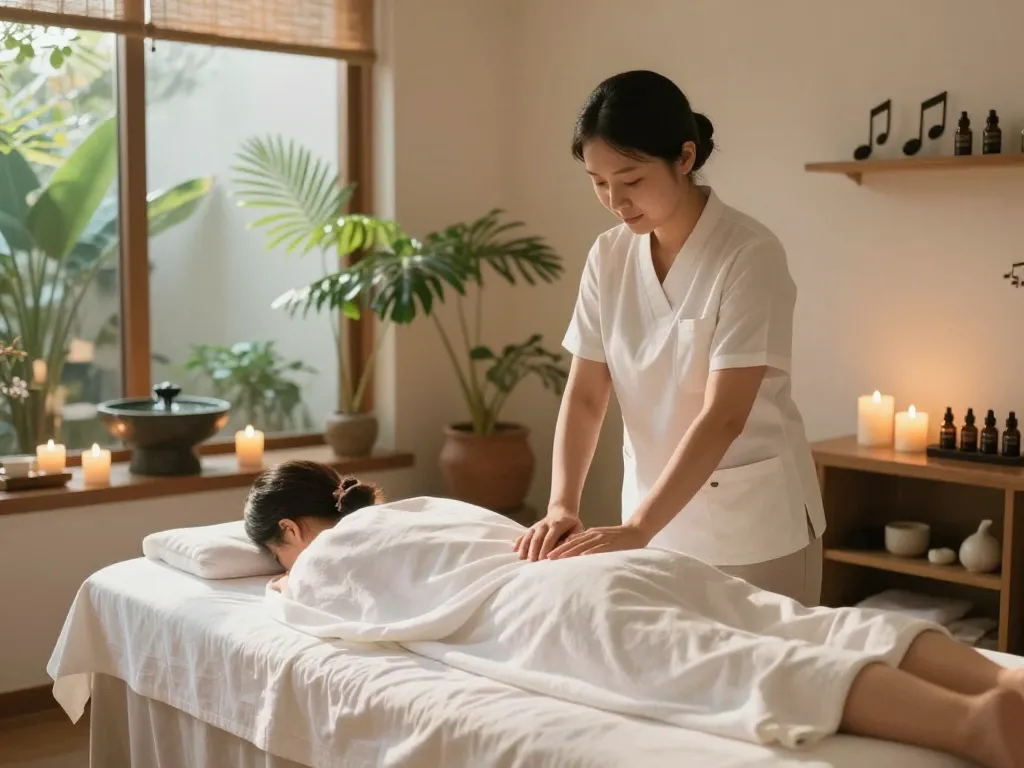 평화로운 스파 환경에서 진행되는 편안한 신사동마사지 치료 세션.