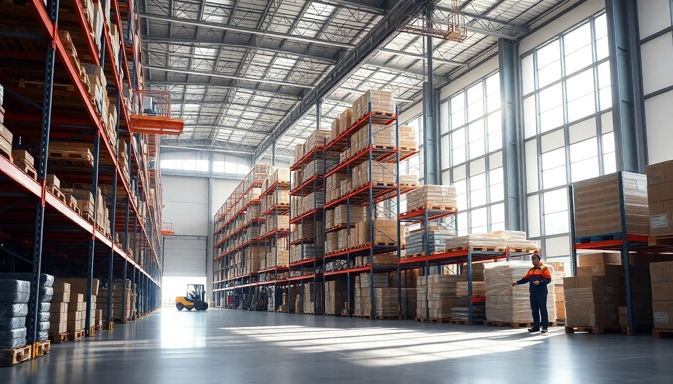 Warehouse storage facility showcasing organized shelves and a bustling environment.