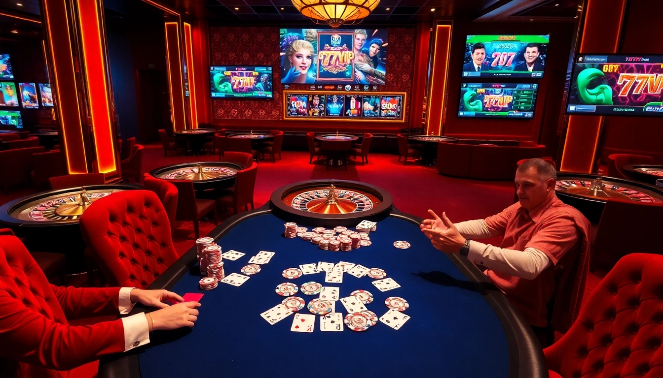 Experience thrilling gameplay with 777VIP at a luxurious casino featuring poker tables and vibrant roulette.